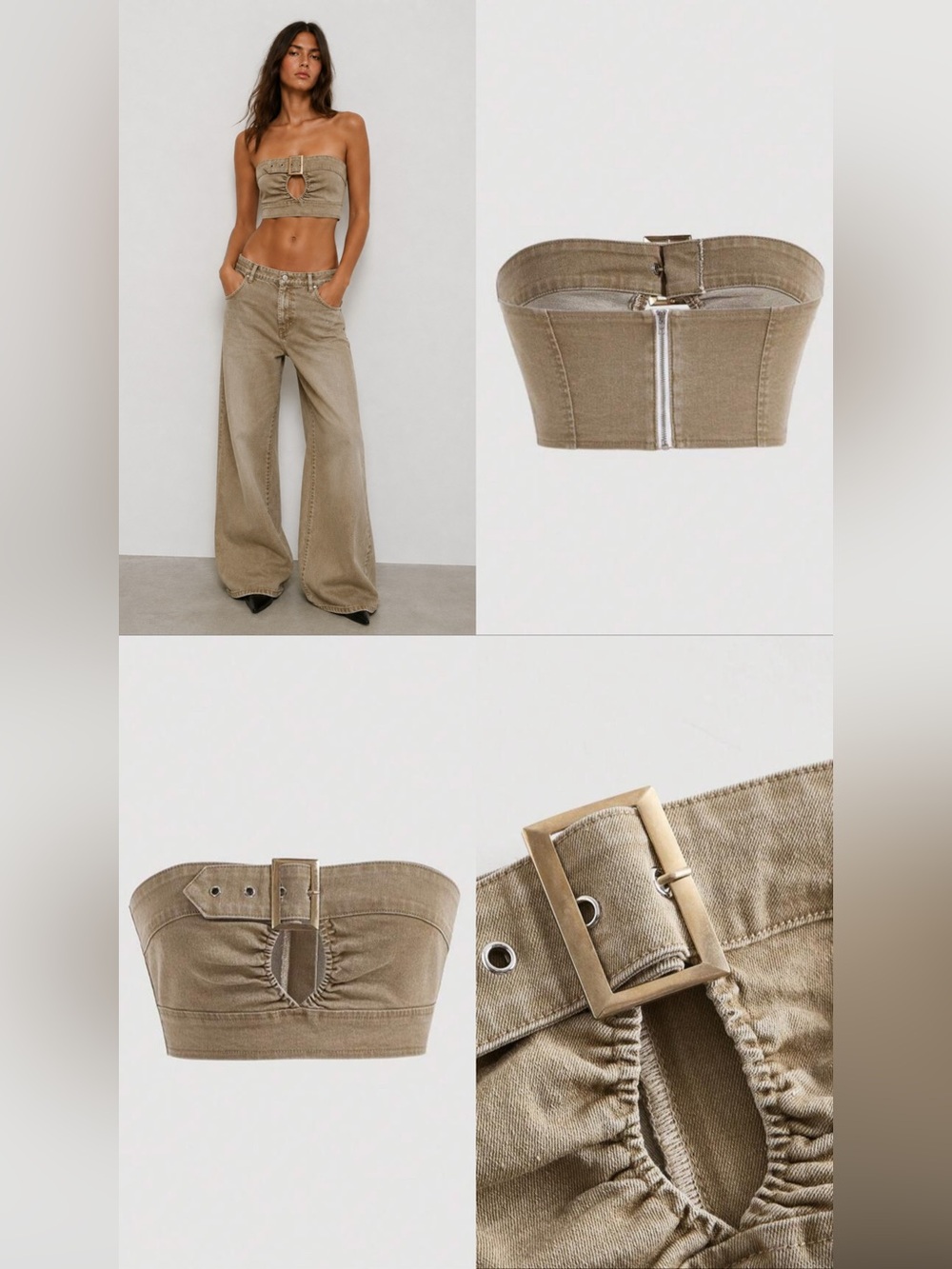 Tan washed Denim Strapless Bustier Top in Khaki